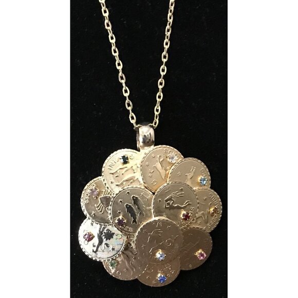 SIGNED Hobe' Gold-Tone Astrological Coin Statement Pendant With Rhinestone - Picture 3 of 7
